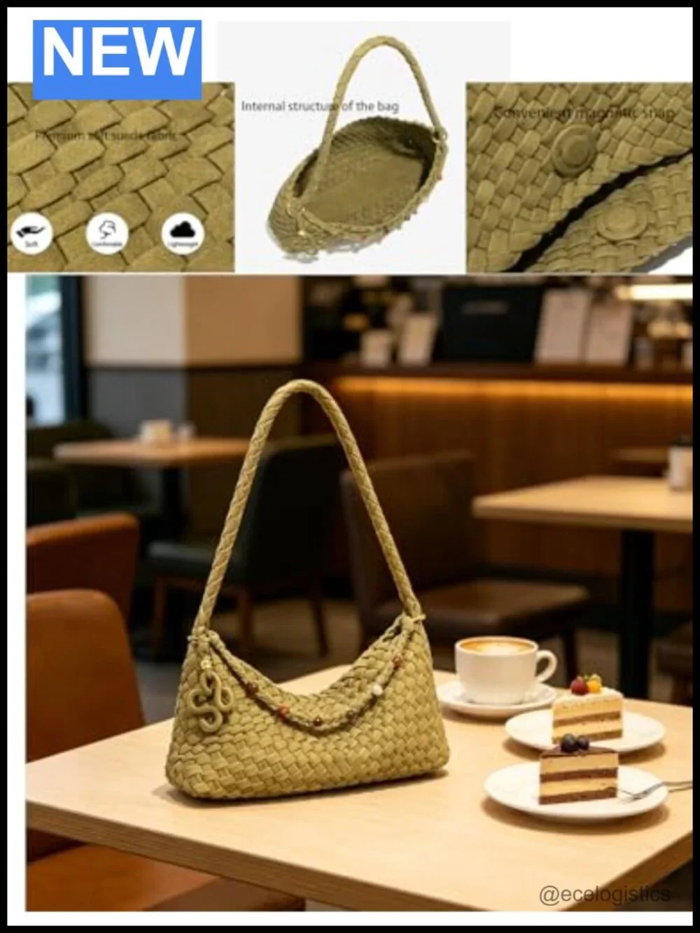 Woven Suede Hobo Handbag Shoulder Bag Tote with Magnetic Closure
